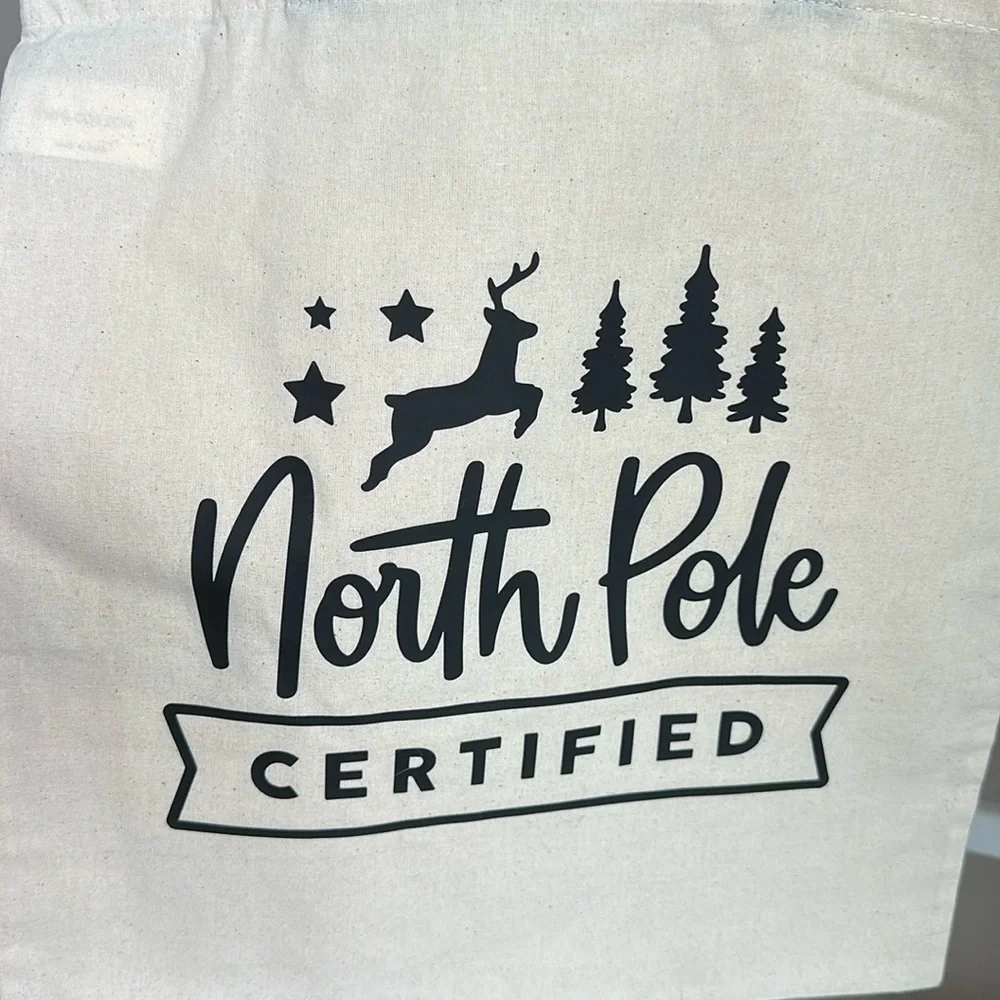 Sarnico Designs Cream Tote Bag with Black Vinyl North Pole Certified Design New